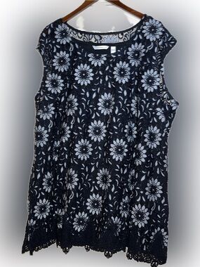 Isaac Mizrahi Live! Black Floral Lace Scallop Hem Tunic-Length Tank Top - 3X